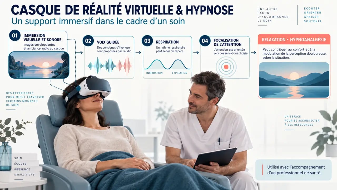 Schéma du fonctionnement d’un casque réalité virtuelle hypnose sur l’attention, la relaxation et la douleur
