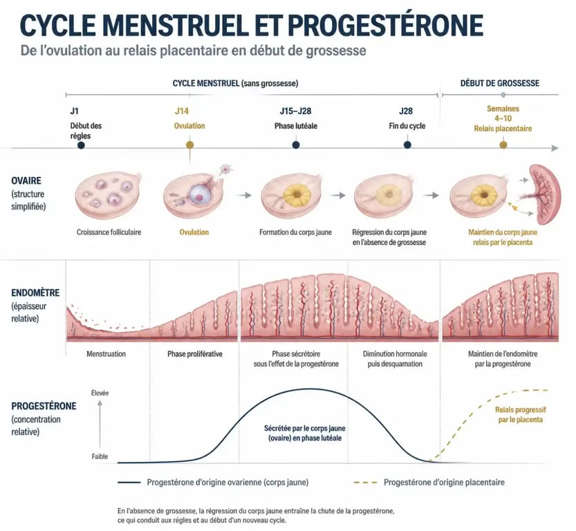 Infographie sur la progestérone naturelle au cours du cycle menstruel et de la grossesse
