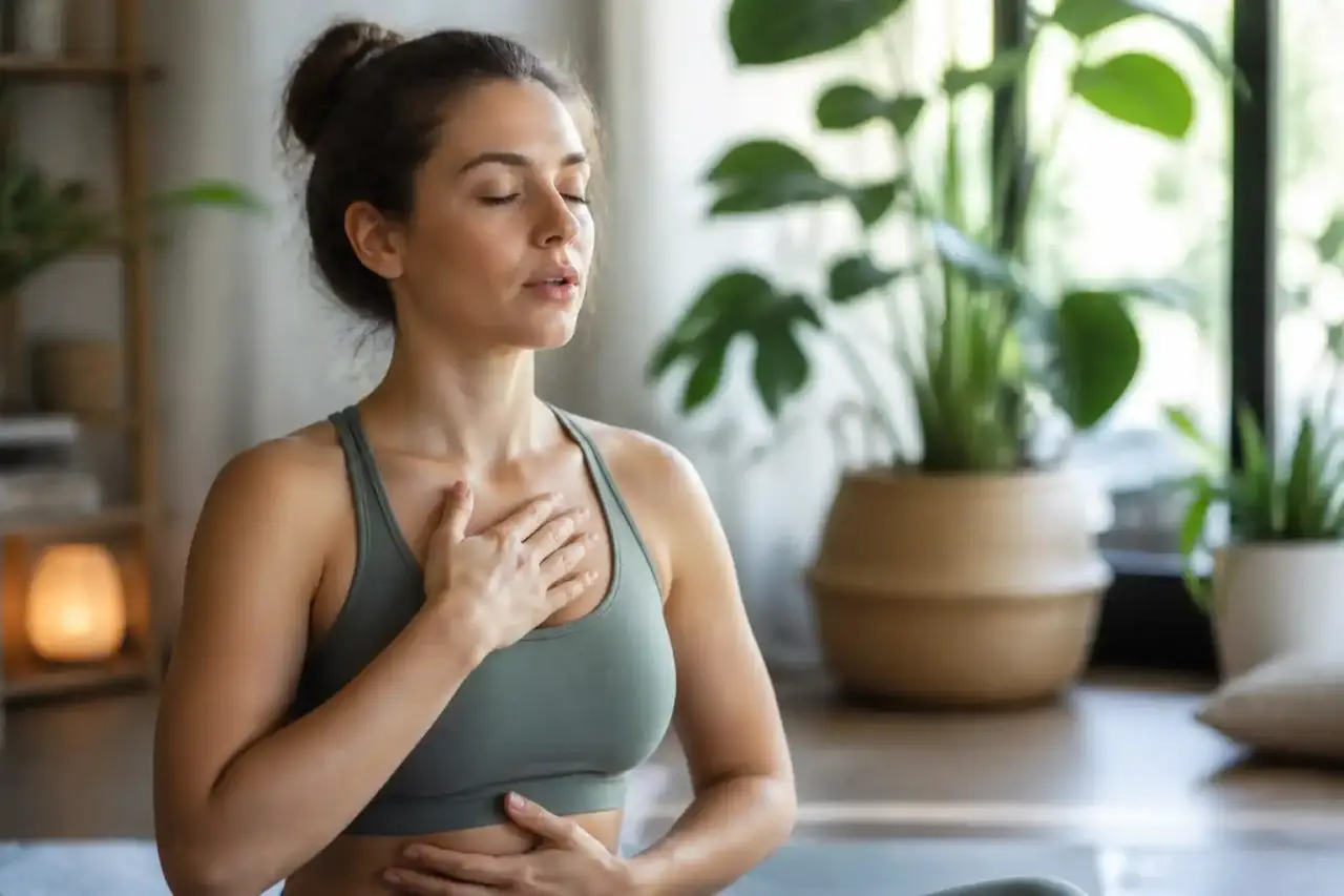 Personne respirant calmement dans un espace lumineux et naturel