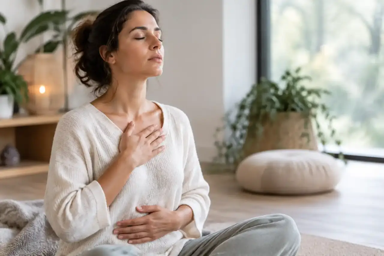 Personne assise dans un espace lumineux pratiquant une respiration calme