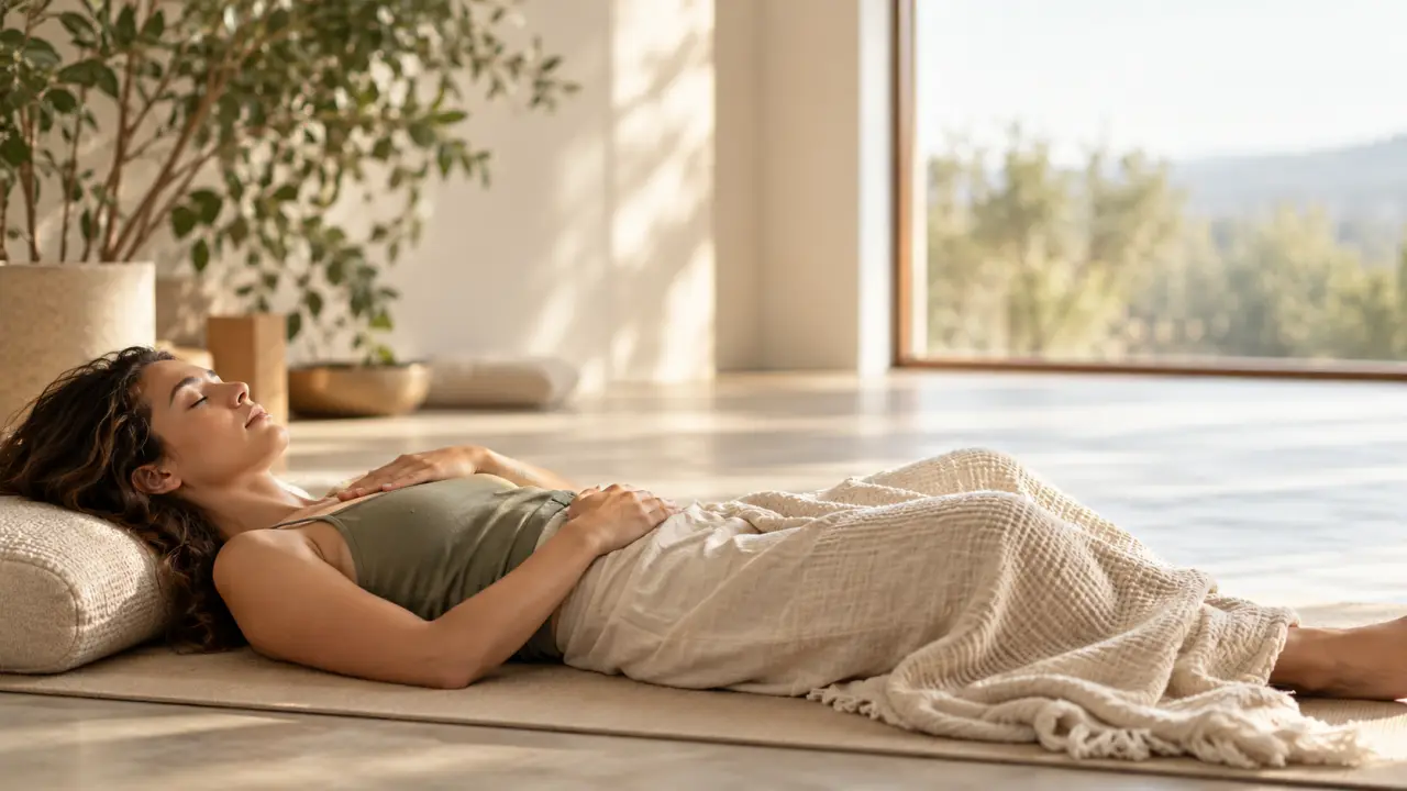 Personne allongée dans un espace chaleureux pendant une séance de breathwork somatique