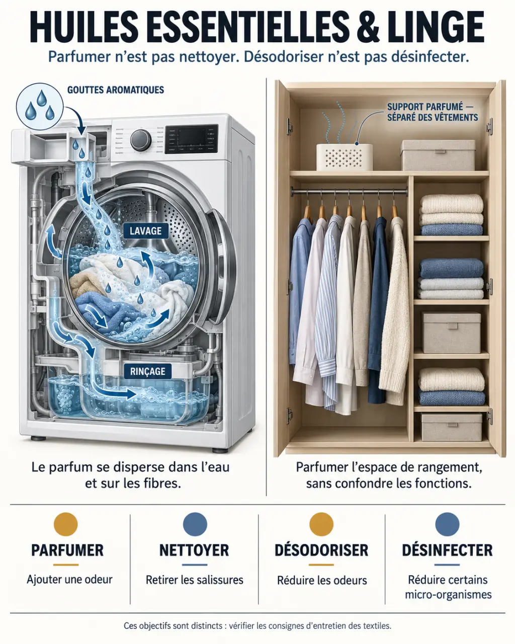 Infographie sur les huiles essentielles pour le linge et la différence entre lavage, désodorisation et parfumage de l’armoire