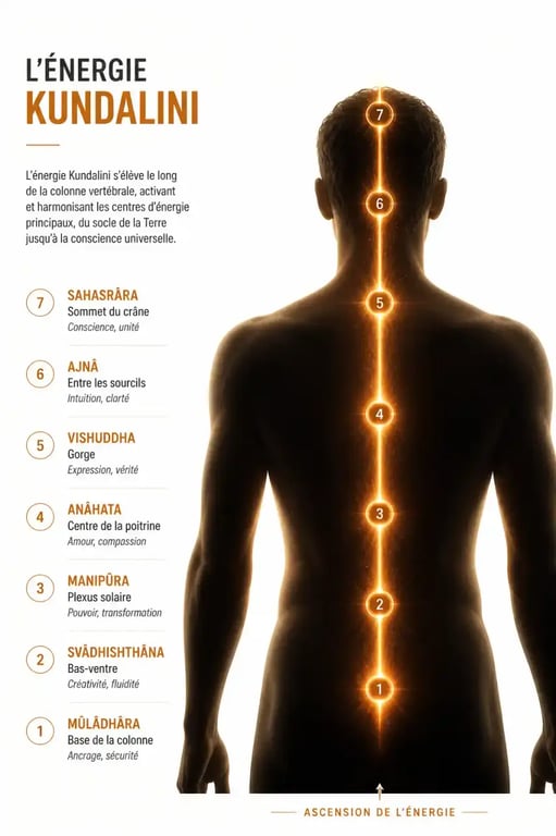 Montée de kundalini symptômes : trajet de l'énergie le long de la colonne vertébrale et des chakras