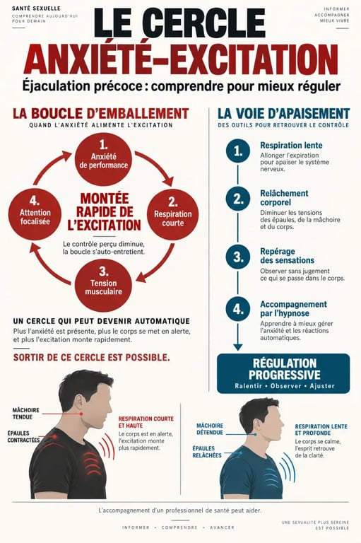 Schéma de l’hypnose et de l’éjaculation précoce montrant le lien entre anxiété, respiration et montée de l’excitation