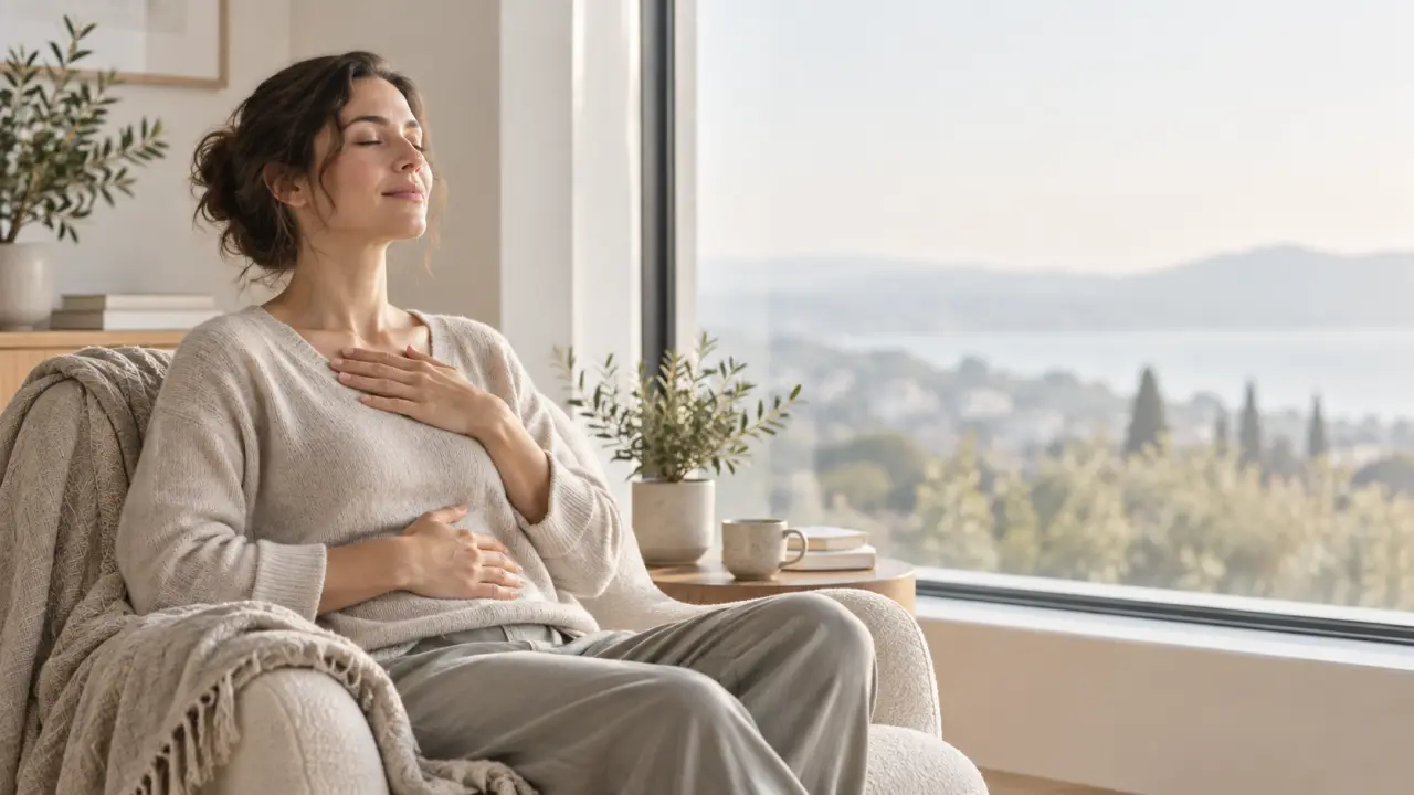 Personne assise dans un espace lumineux et apaisant, accompagnant sa respiration