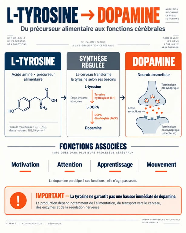Schéma explicatif du lien entre dopamine complément alimentaire, L-tyrosine et fonctionnement du système nerveux