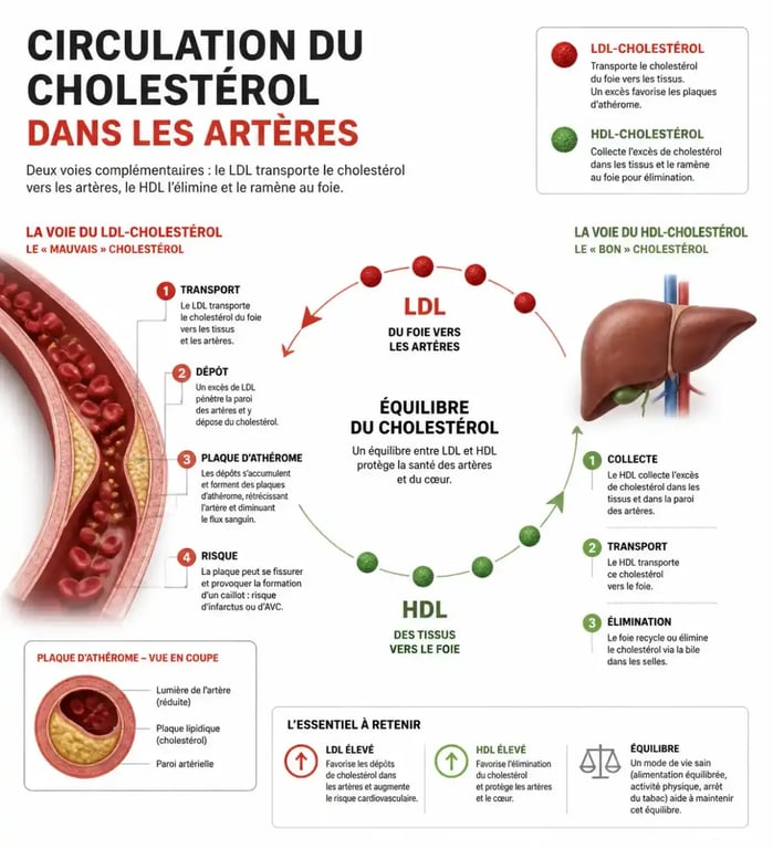 Schéma explicatif du fonctionnement du cholestérol LDL et HDL dans le cadre d'un complément alimentaire cholestérol