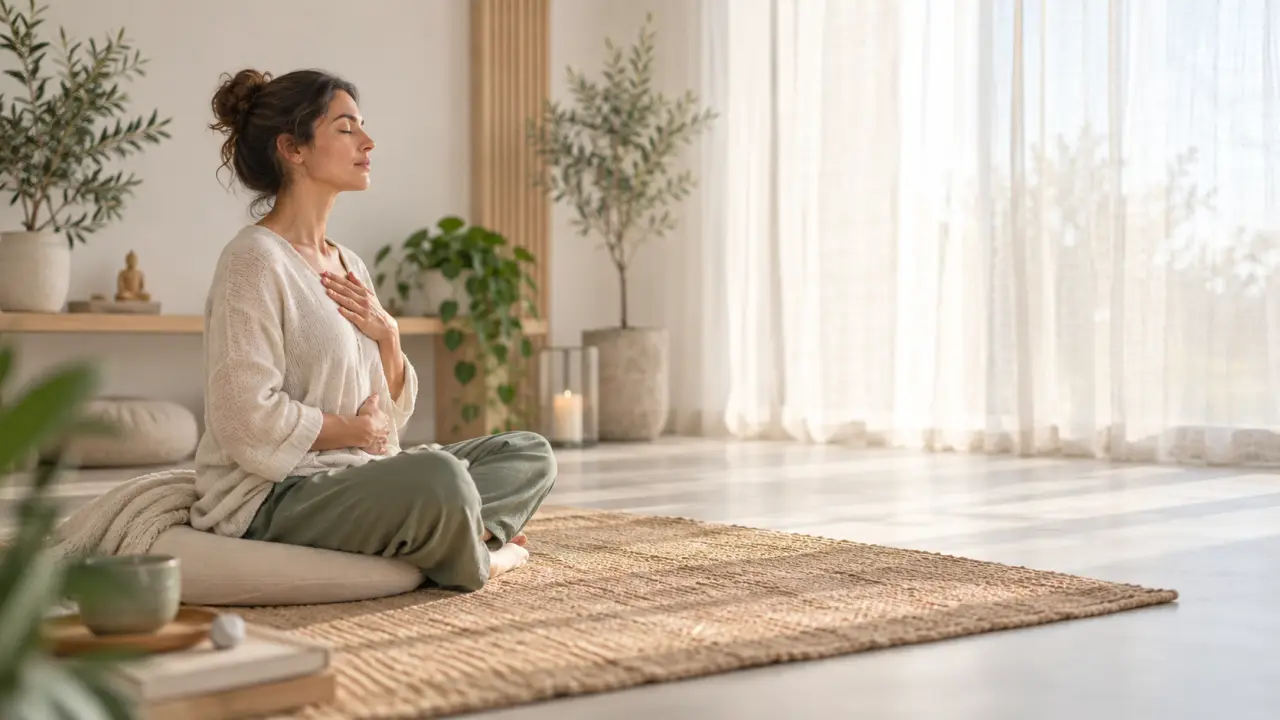 Femme sereine pratiquant la respiration consciente dans un espace lumineux