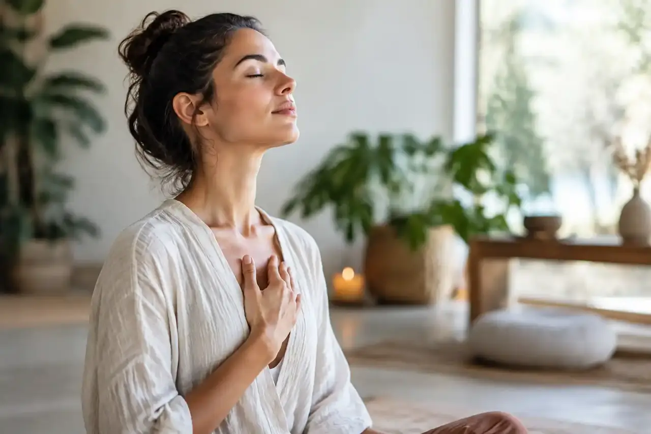 Femme sereine pratiquant une respiration consciente dans un espace lumineux