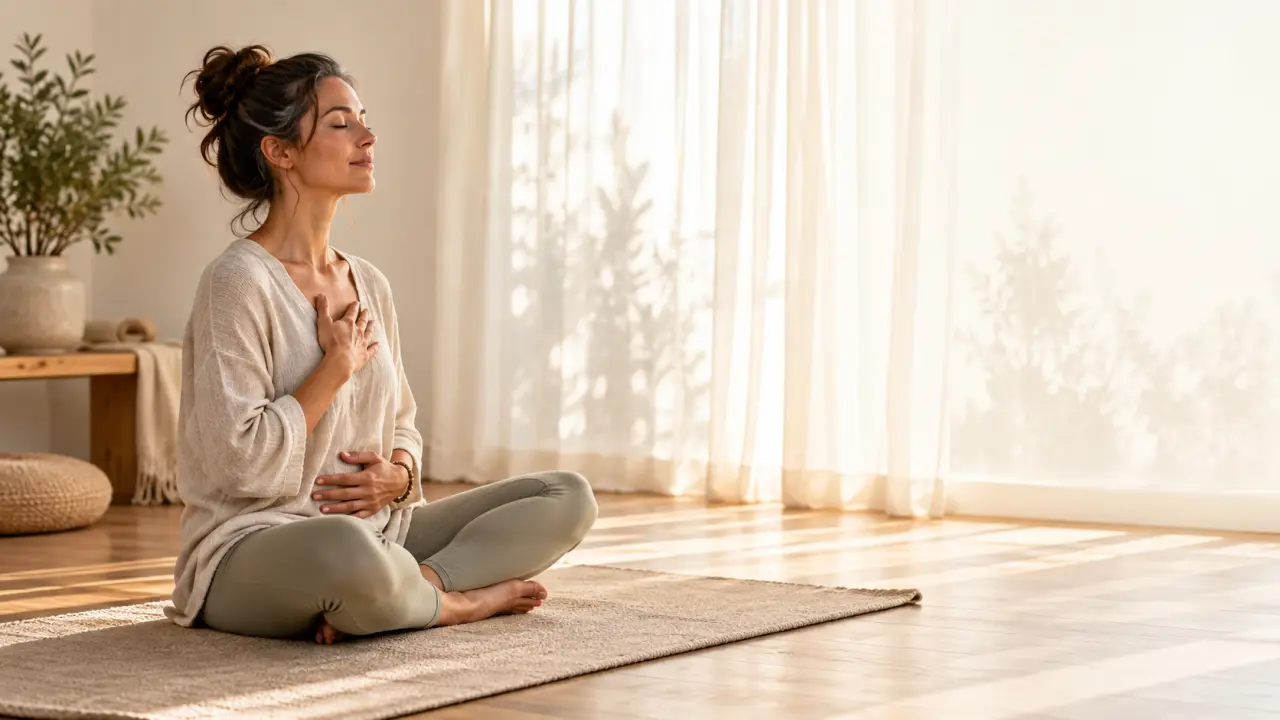 Femme sereine pratiquant la respiration consciente dans un espace lumineux et naturel