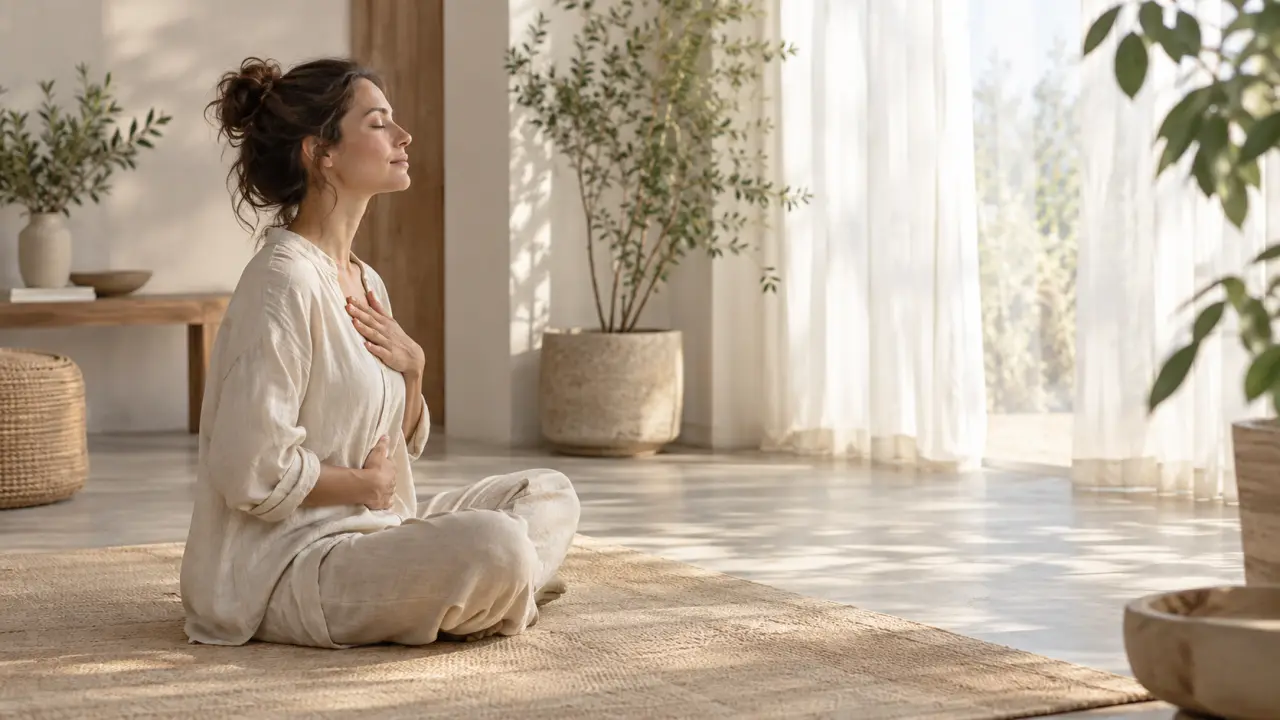Femme sereine pratiquant la respiration consciente dans un espace lumineux et naturel