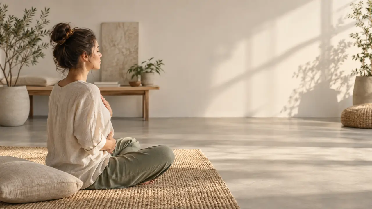 Femme sereine pratiquant une respiration consciente dans un espace lumineux et naturel