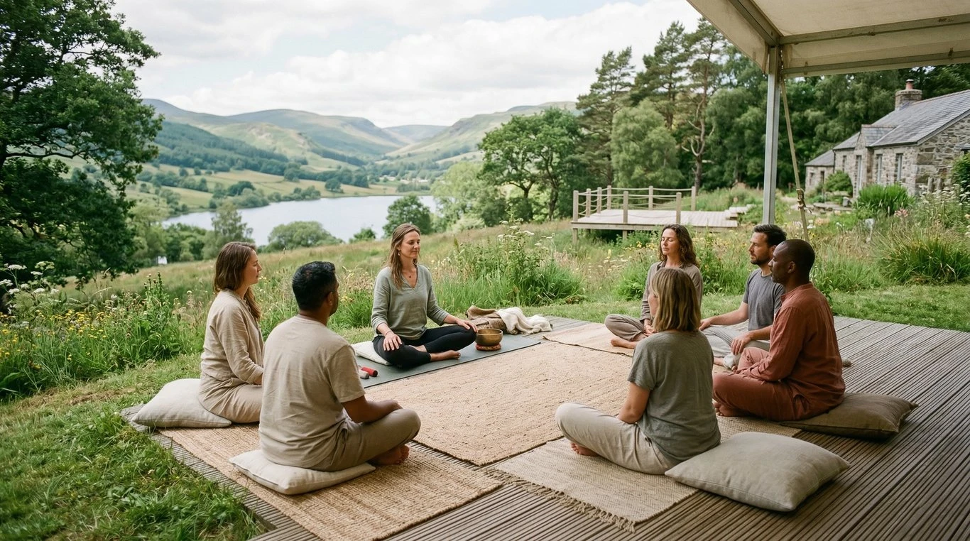 Un groupe de personnes assises en cercle dans la nature ou une belle salle de yoga en bois, partageant un moment de connexion, lumière dorée de fin de journée.