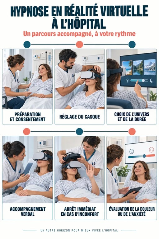 Étapes d’une séance avec un casque réalité virtuelle hypnose avant, pendant et après un soin