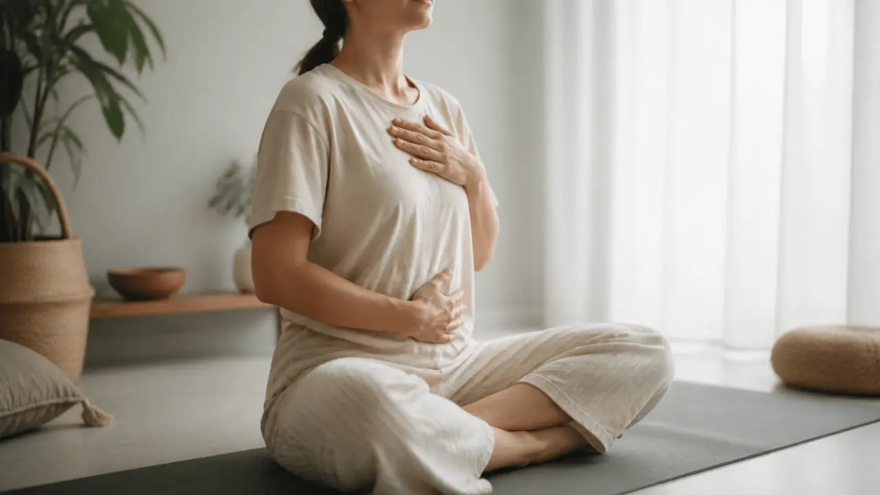 Femme sereine pratiquant une respiration consciente dans une pièce lumineuse et naturelle