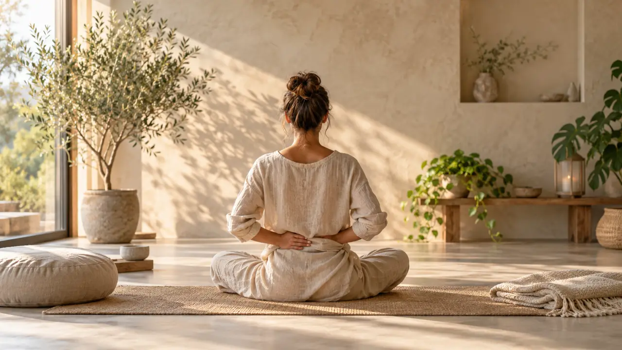 Femme sereine pratiquant une respiration consciente dans un espace lumineux et naturel