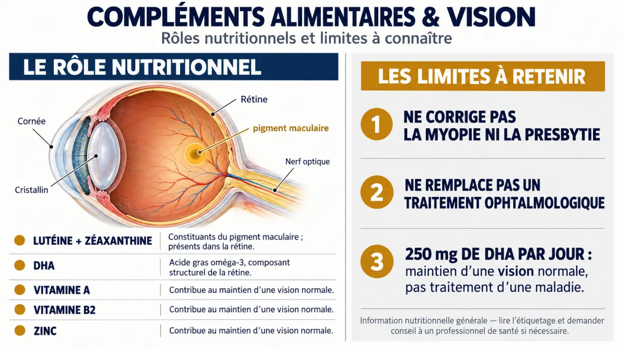 Infographie sur le complément alimentaire vision et le rôle de la lutéine, du DHA et des vitamines