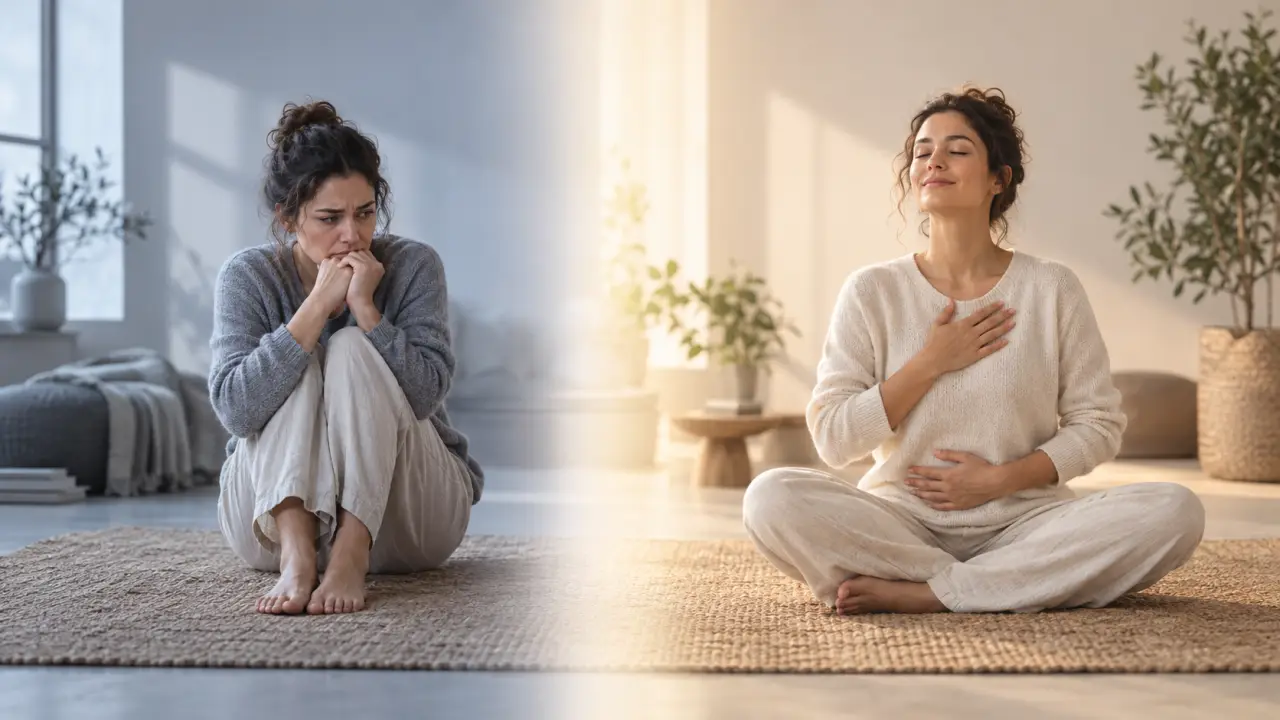 Femme sereine pratiquant une respiration consciente dans un espace lumineux