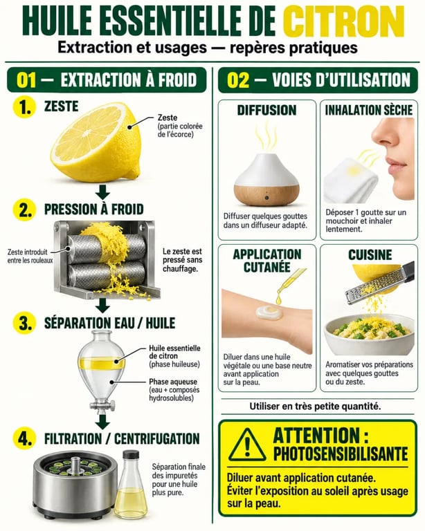 Infographie sur le citron huiles essentielles : extraction du zeste, voies d’utilisation et précaution contre la photosensibilisation